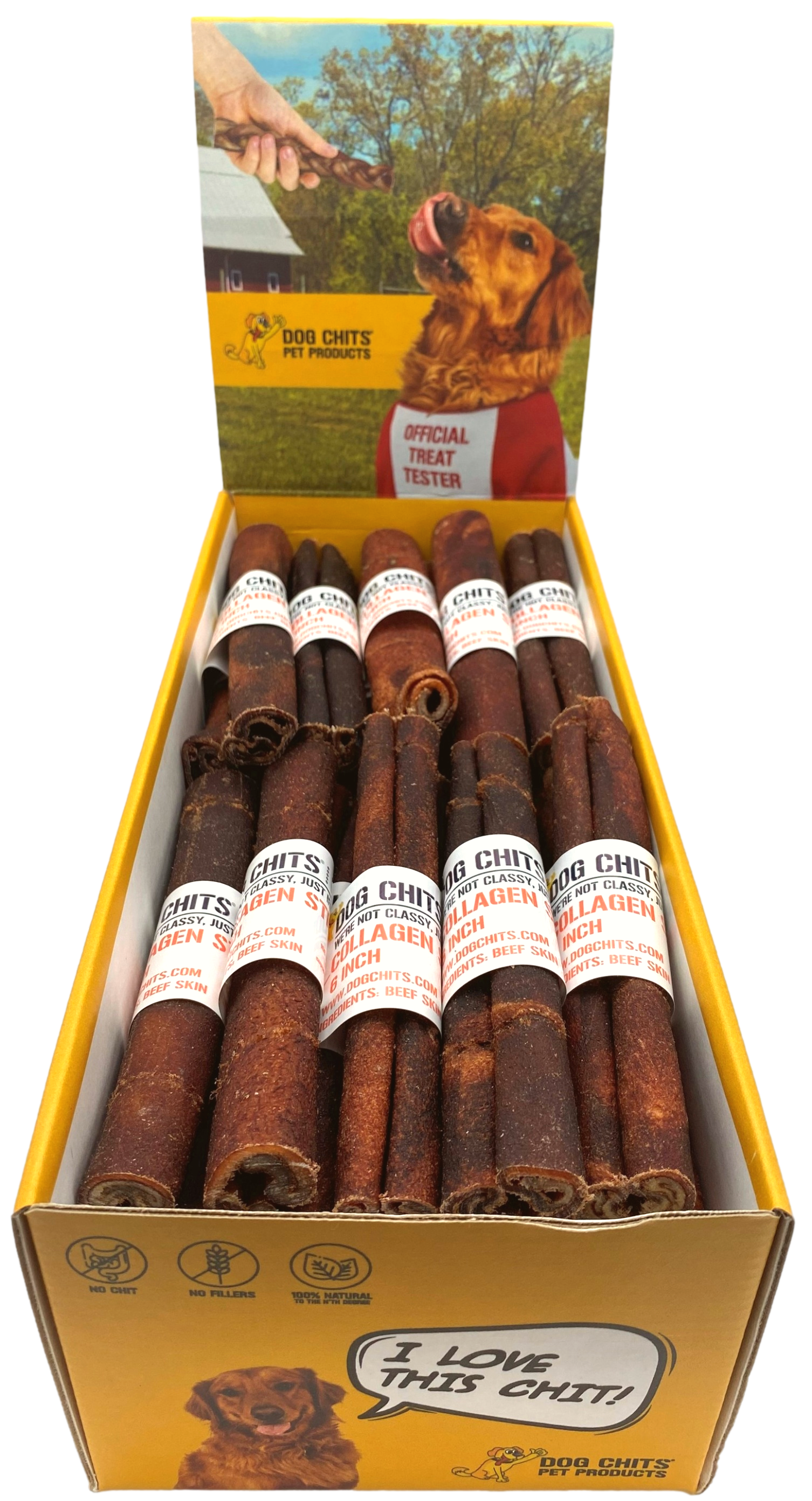 Beef Collagen Sticks, 6" 50 Pack, Open Top Bin Box (WHOLESALE ONLY)